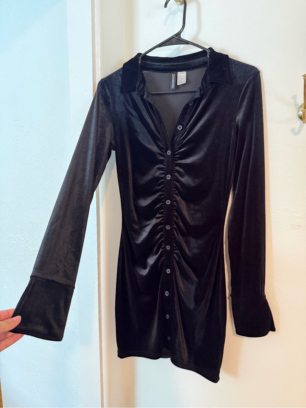 H&M Black Velvet Ruched Button-Down Long Sleeve Dress